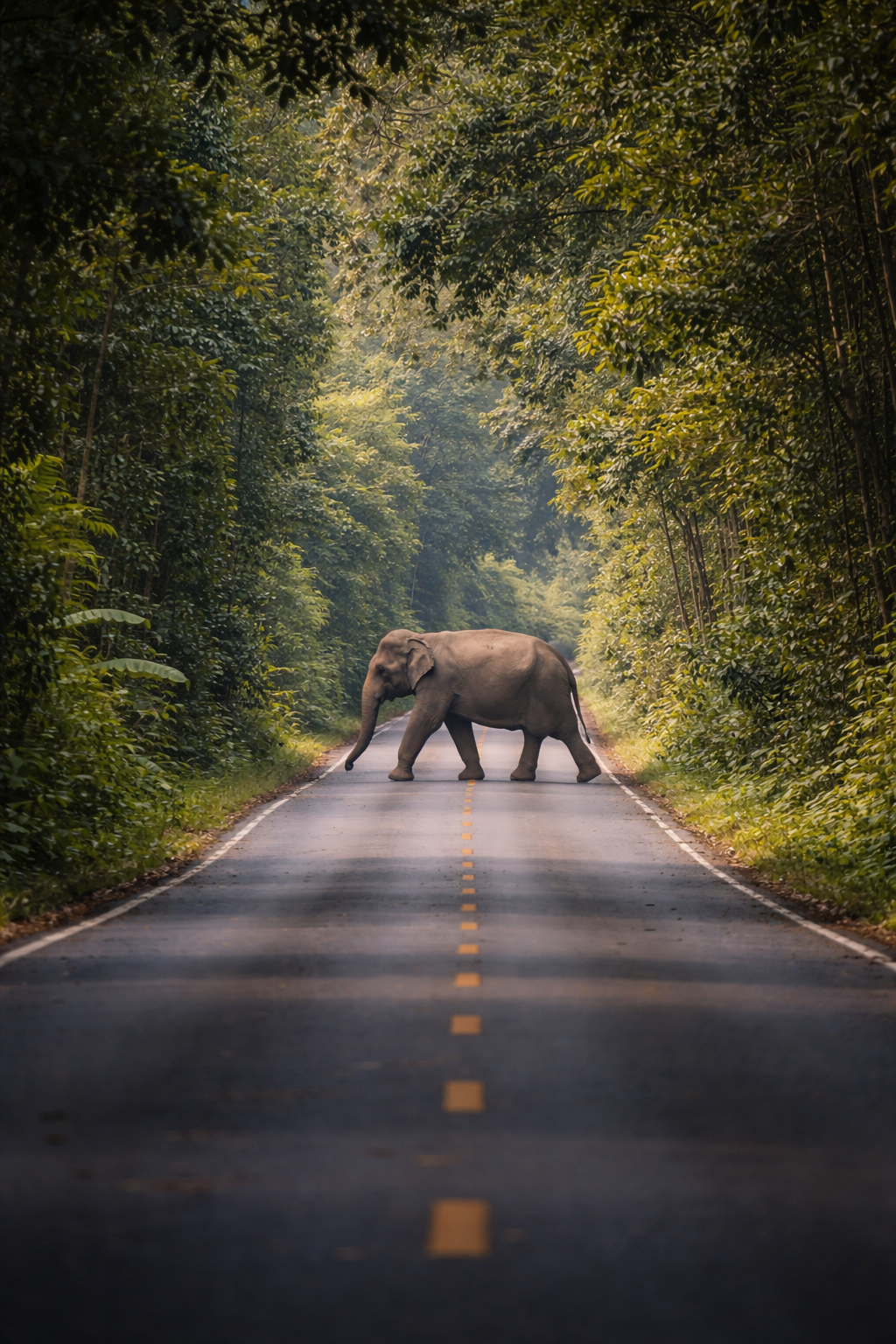 Wild elephant crossing road (distant, safe)